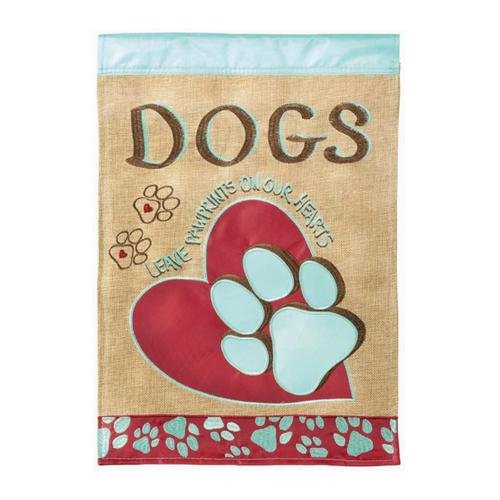 Dogs Leave Pawprints on Our Hearts Flag - Burlap with Red & Teal