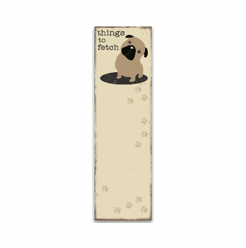 Beige notepad with a cartoon dog and 'things to fetch' text