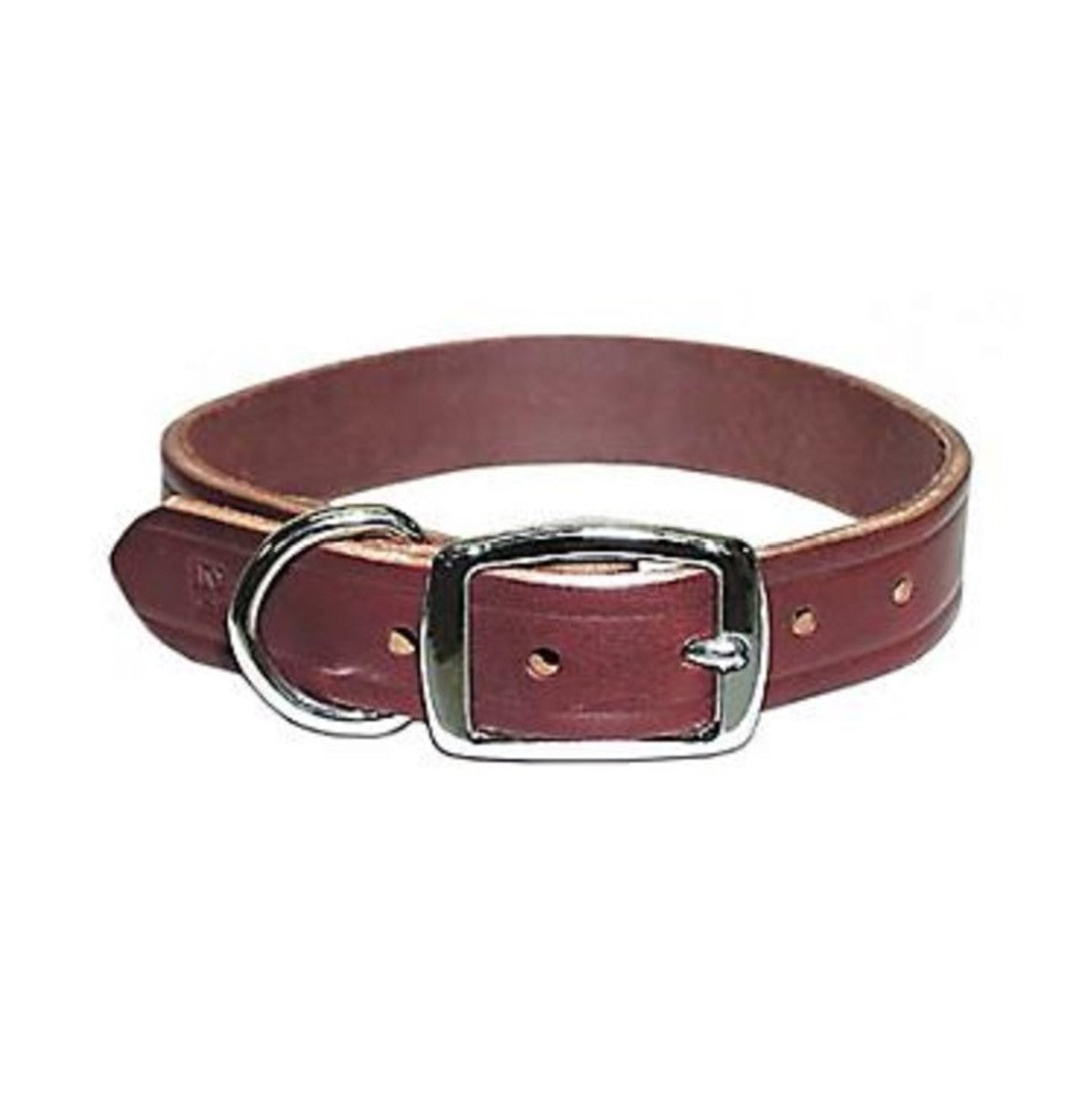 Burgundy genuine leather dog collar from Leather Brothers OmniPet, with nickel-plated buckle and D-ring, double-stitched edges, and adjustment holes, displayed coiled.