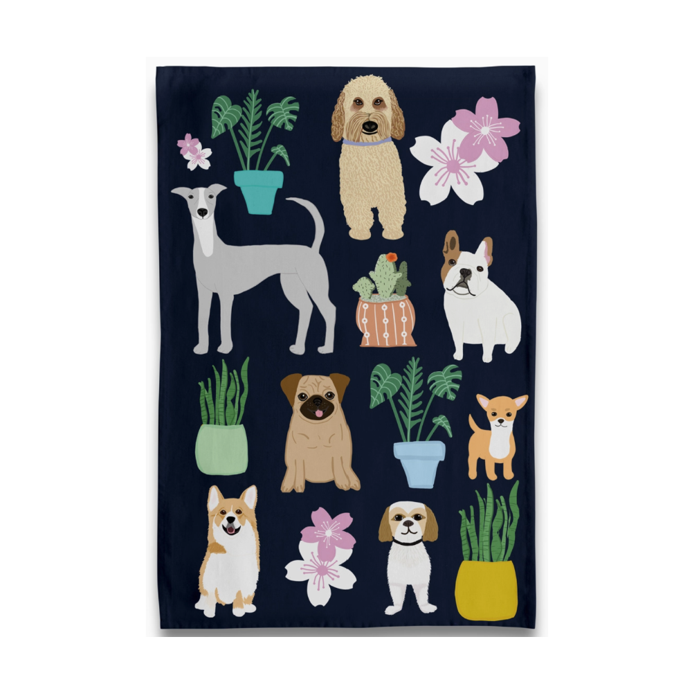Dogs with Plants Tea Towel