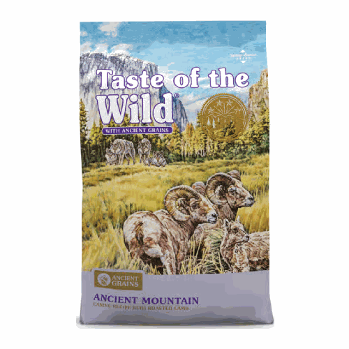 Bag of dog food depicting lambs near a mountain. Bag is purple in color.