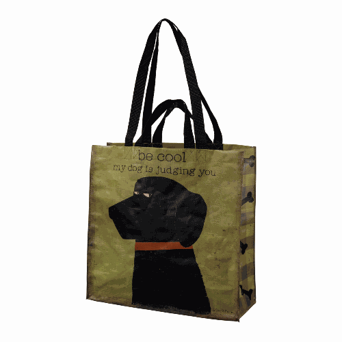 Green tote bag with a black dog illustration and text that says "Be cool, my dog is judging you."