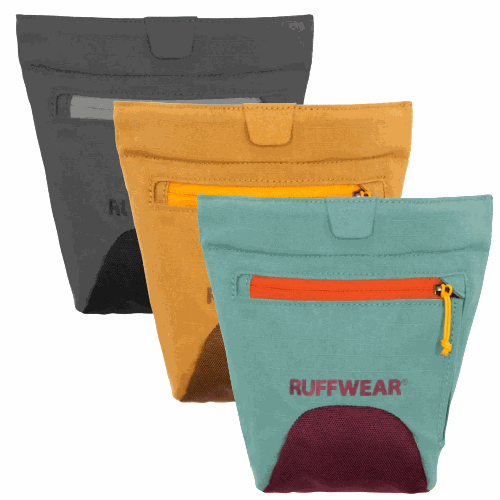 Three Ruffwear bags in black, brown, and teal with visible branding on a white background.