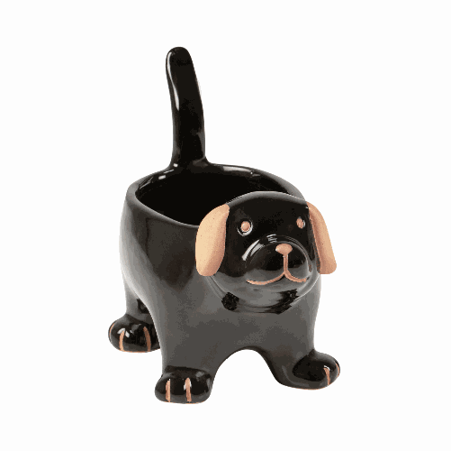 Black ceramic dog-shaped planter.