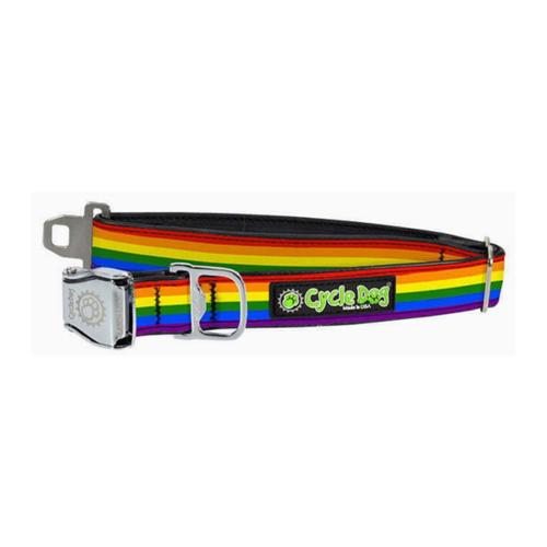 Rainbow striped dog collar with a visible brand logo 