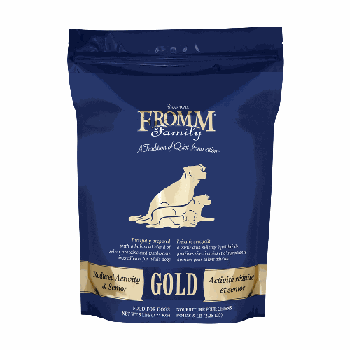 Bag of Fromm Gold dog food for reduced activity and senior dogs on a white background