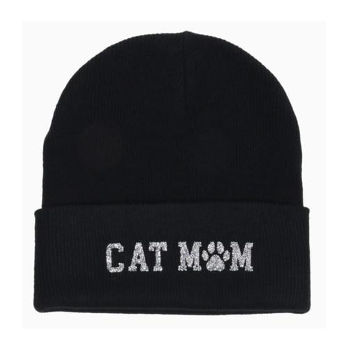 Bling Cat Mom Beanie -Black