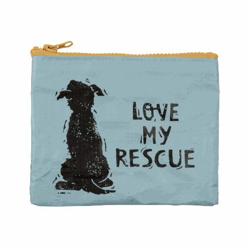 Light blue pouch with black dog illustration and 'Love My Rescue' text 