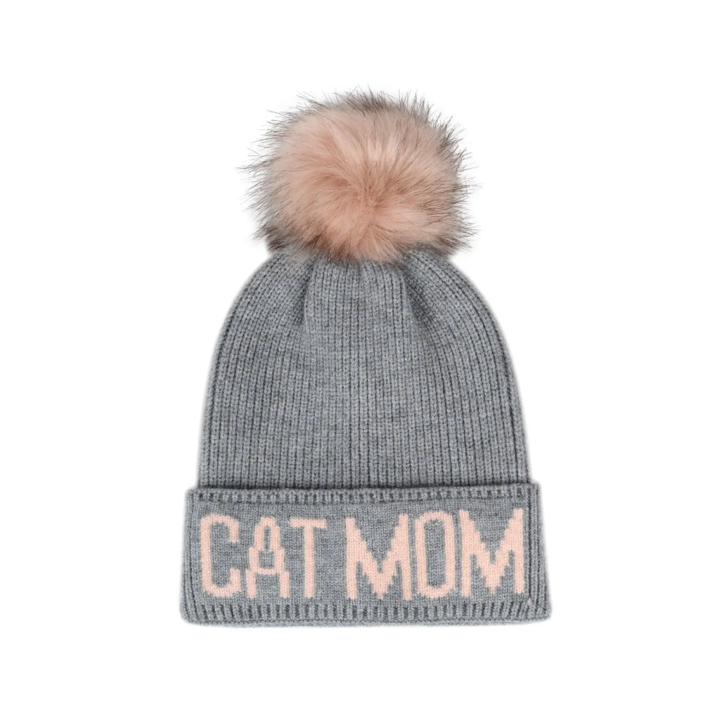 Cat Mom Pompom Knit Beanie - Gray w/Pink