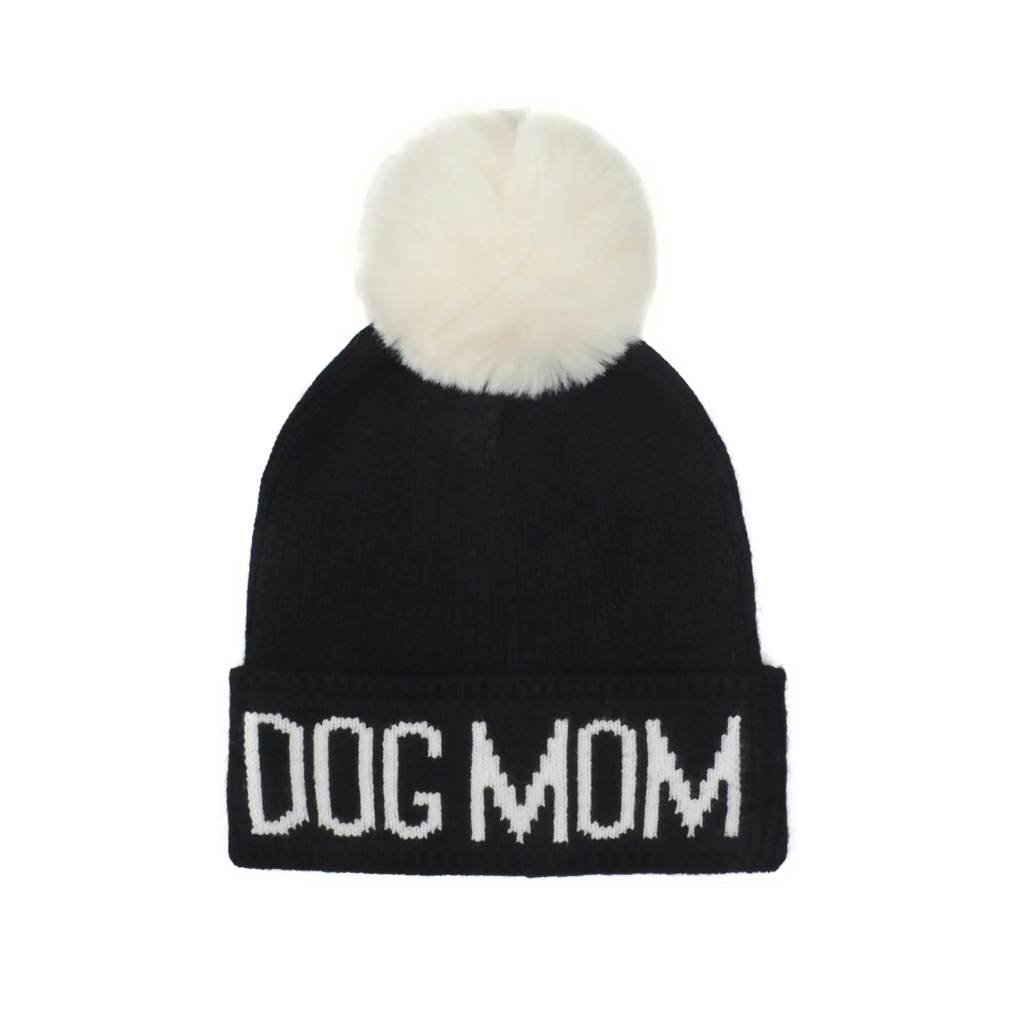 Dog Mom Pompom Knit Beanie - Black w/White