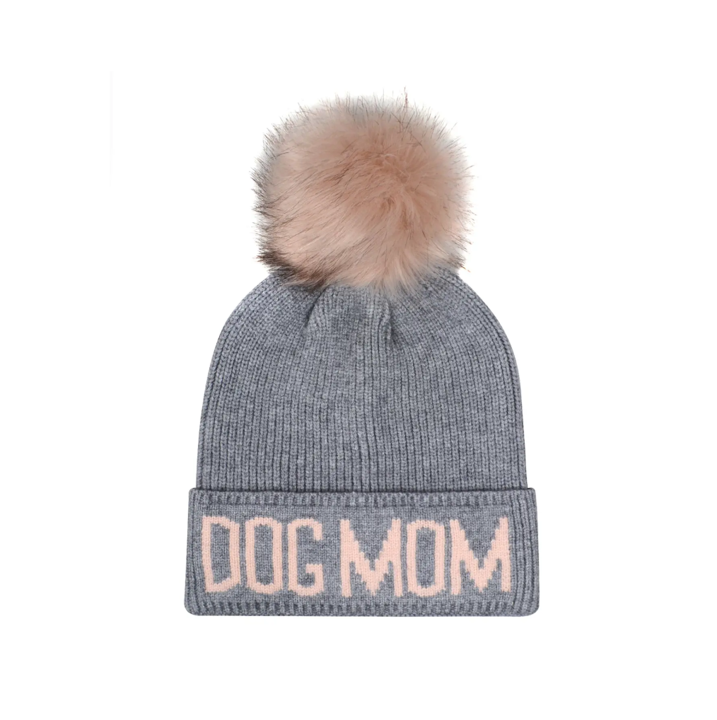 Dog Mom Pompom Knit Beanie - Gray w/Pink