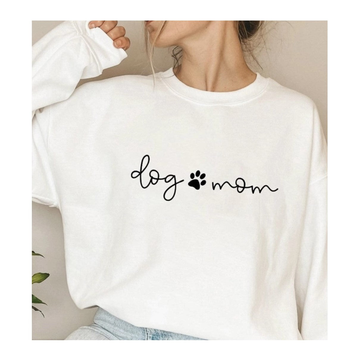 Dog Mom w/Paw Crew Neck Sweatshirt White