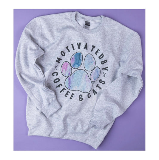 "Motivated by Coffee & Cats" Crew Neck Sweatshirt Gray