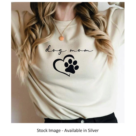 Dog Mom w/Paw & Heart Crew Neck Sweathshirt Silver