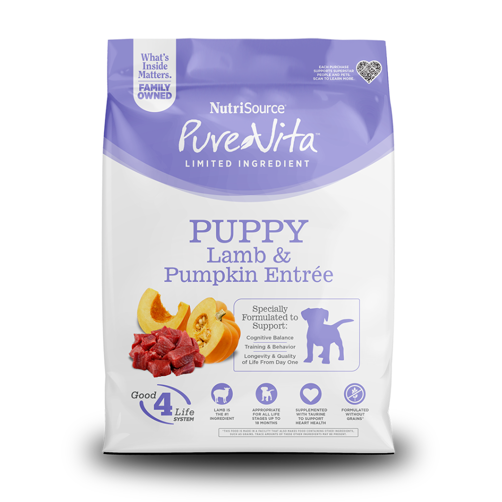 NutriSource PureVita Puppy Lamb & Pumpkin Entrée dog food package on a white background