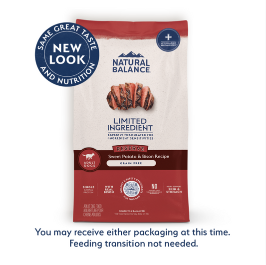 Bag of Natural Balance dog food limited ingredient bison & sweet potato on a white background