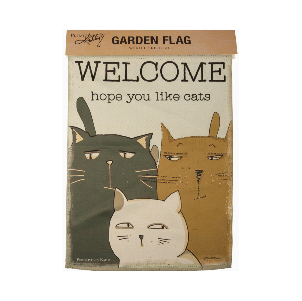 Garden flag with cat illustrations and text 'Welcome, hope you like cats' on a beige background.