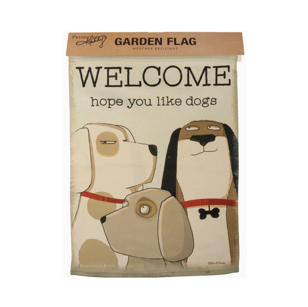 Garden flag with dogs and text 'Welcome, hope you like dogs' 