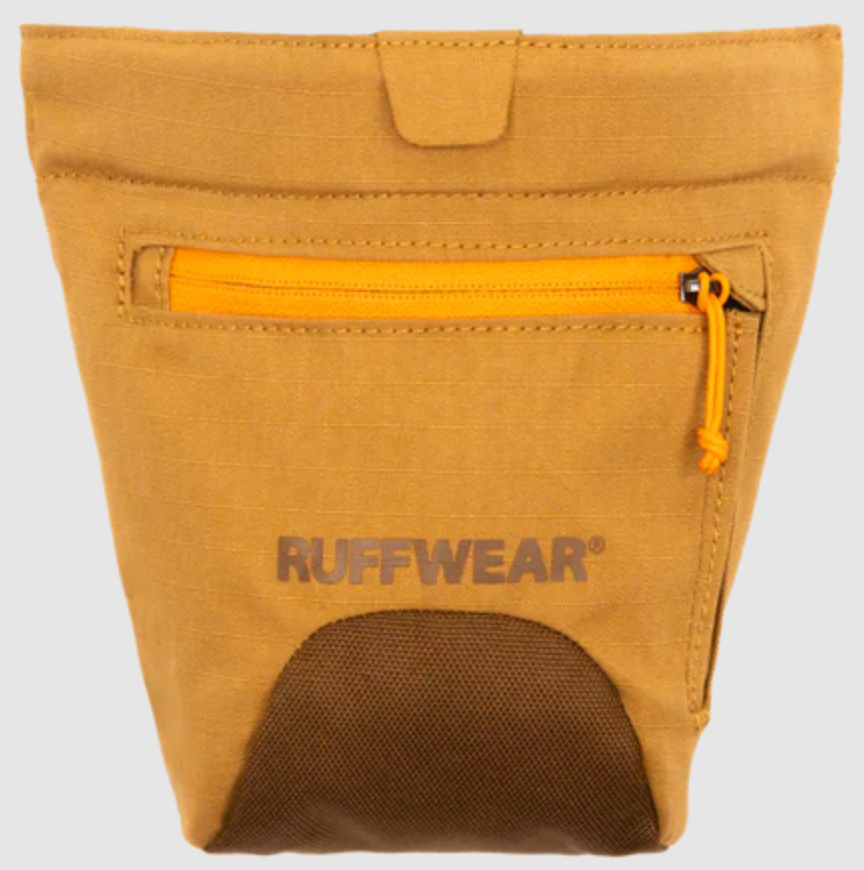 Yellow pouch with a zipper and 'Ruffwear' branding on a light gray background