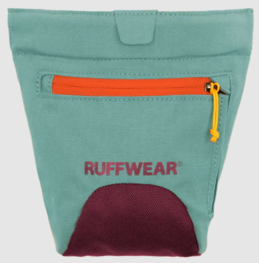 Teal pouch with orange zipper and maroon interior, featuring Ruffwear logo.