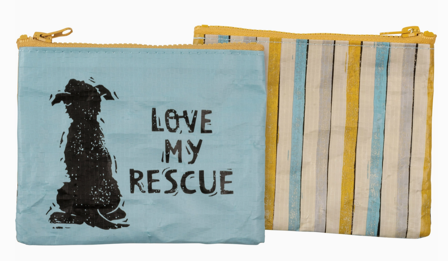 Fabric pouch with one side featuring a dog silhouette and 'Love My Rescue' text on a blue background, and the other side with blue and yellow striped pattern.