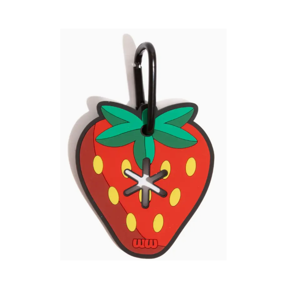 Strawberry-shaped keychain with a black carabiner on a white background
