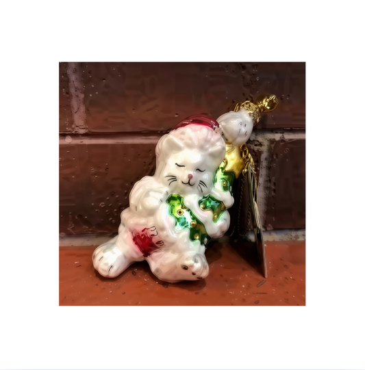 Glass White Cat Hugging Tree Ornament - Disc.