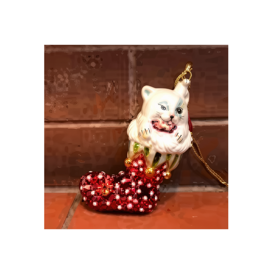 Glass White Cat in Stocking Ornament - Disc.